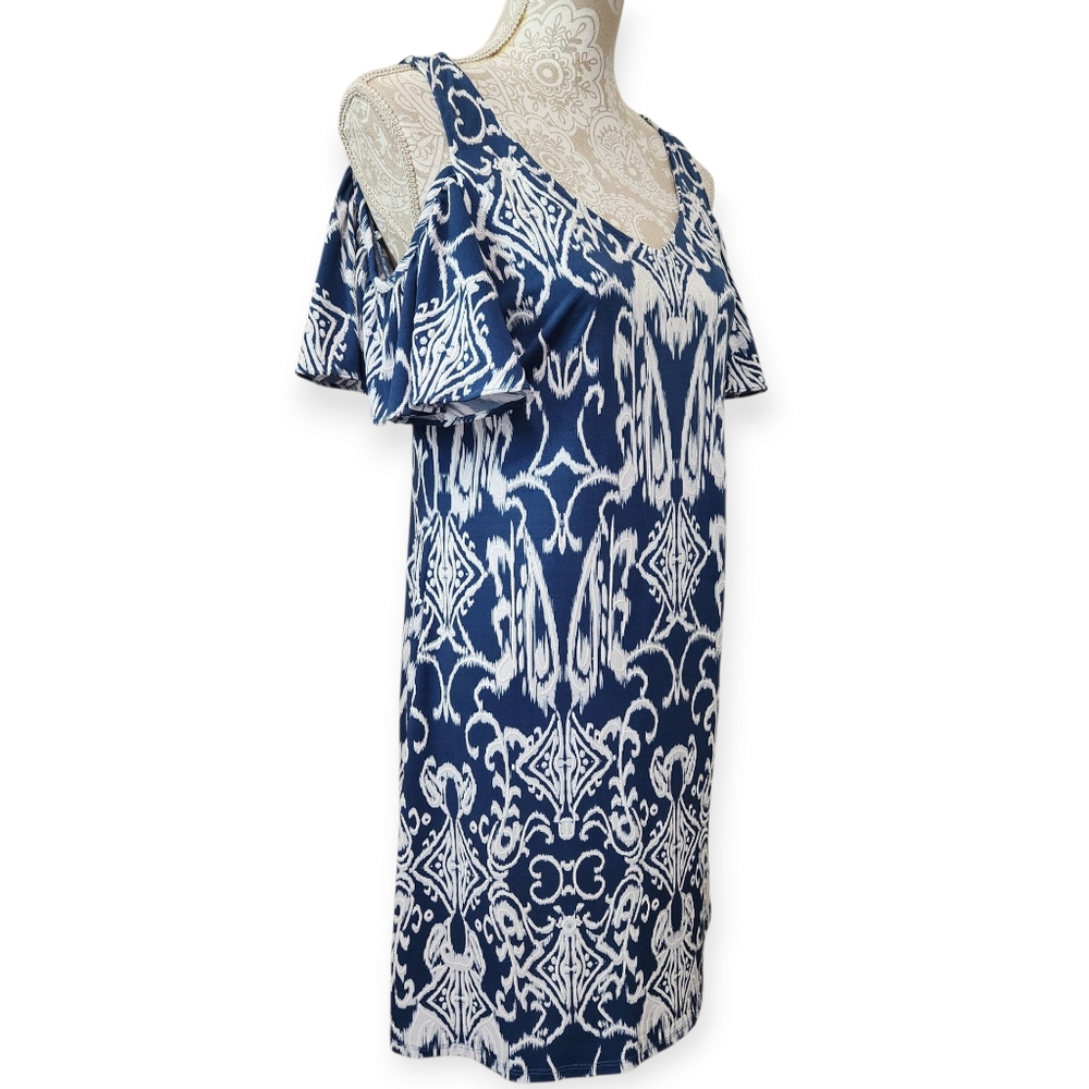MSK Blue & White Cold Shoulder Swing Dress Size Medium